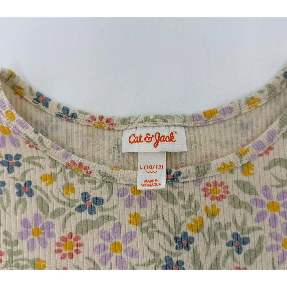 Cat & Jack Ditzy Floral Ribbed Knit Top Girls‎ Short Sleeve Beige Shirt L 10/12